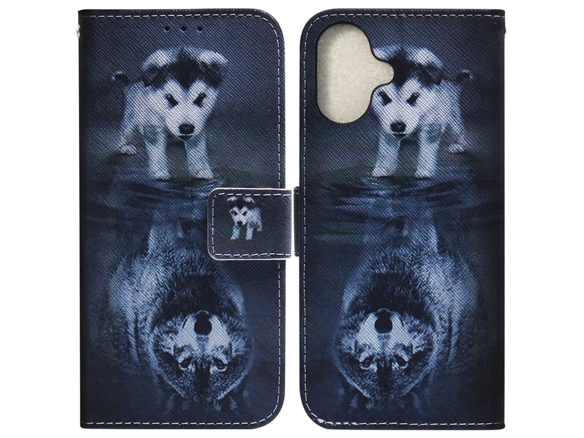 Capa Carteira Para Iphone 16 Em Couro Com Estampa De Cachorro E Lobo, Com Padrão