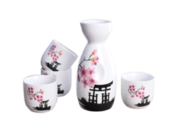 Conjunto De Sake Japonês Tradicional De 5 Peças: 1 Decantador E 4 Copos De Porcelana Com Flores Rosa
