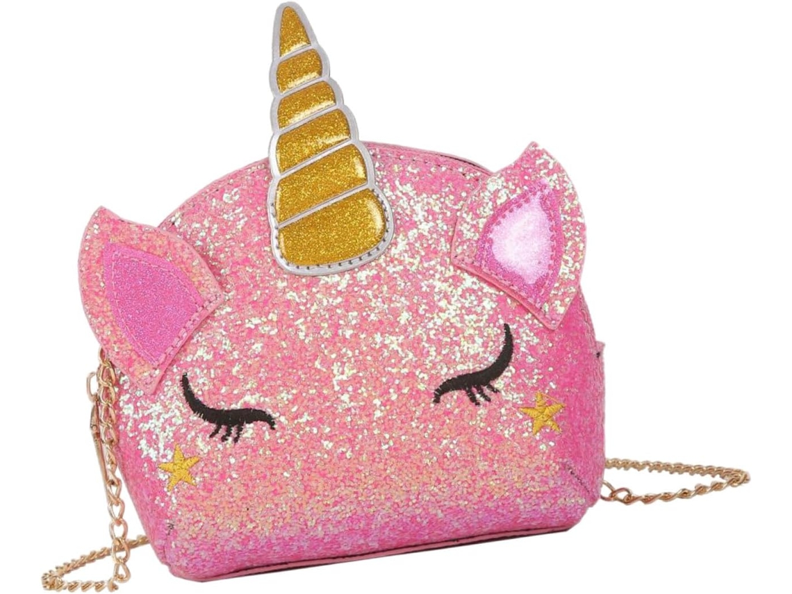 Bolsa Transversal Pequena Rosa Em Pu Com Unicórnio, Corrente, Zíper Seguro E Embalagem.