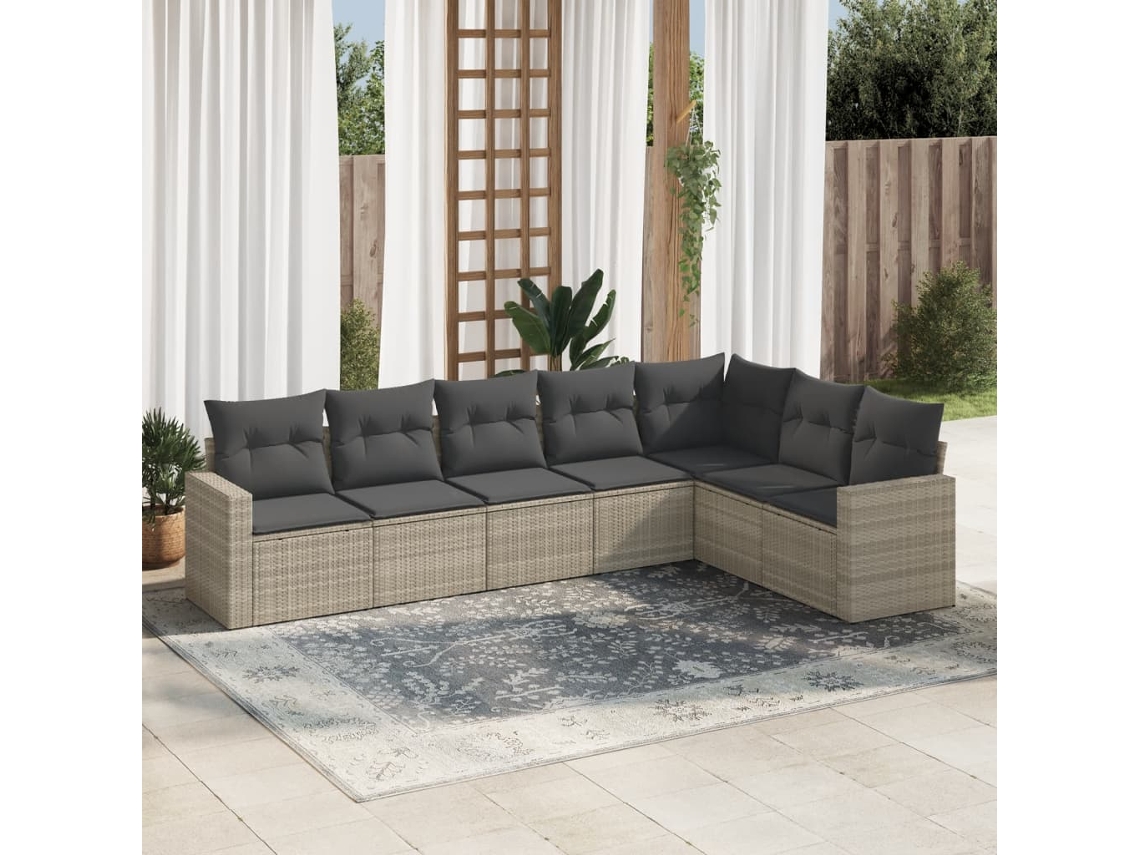 Vidaxl 7 Pcs Conj. Sofás Jardim Com Almofadões Vime Pe Cinzento-claro
