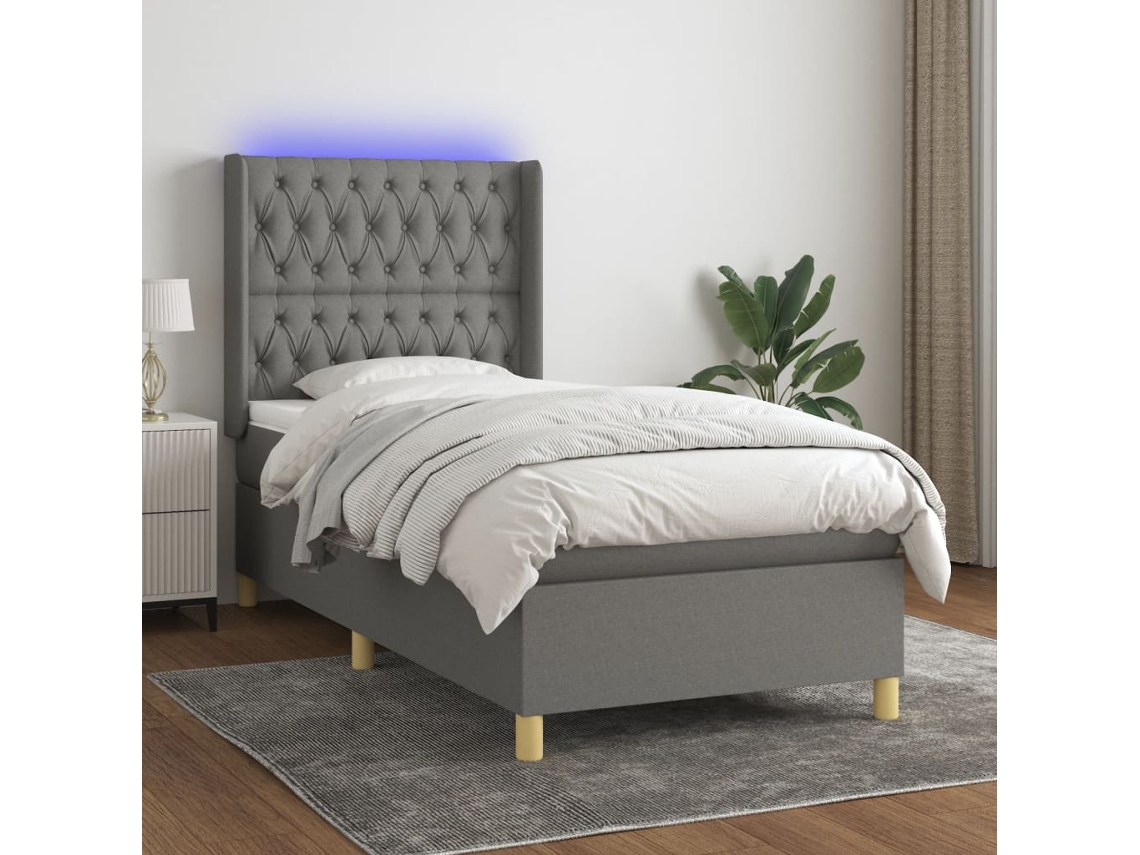 Vidaxl Cama Box Spring C/ Colchão E Led 90x200 Cm Tecido Cinza-escuro
