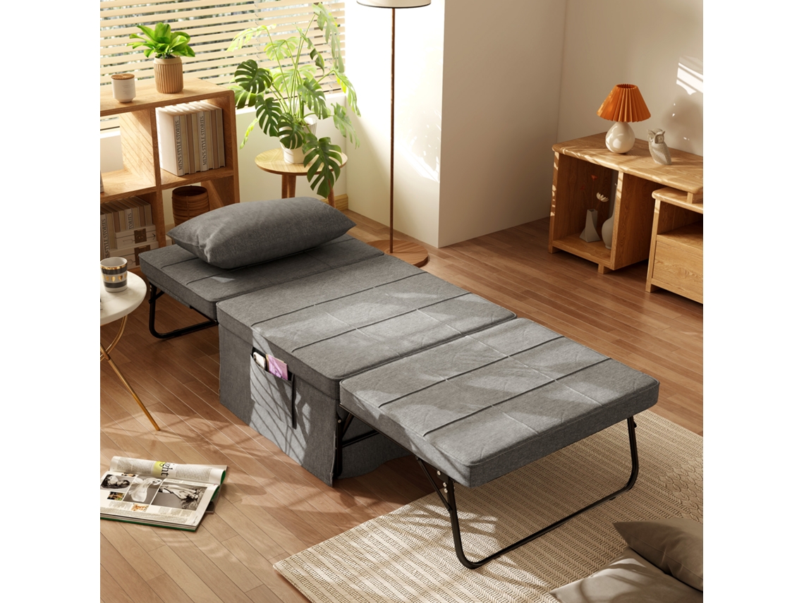 Sofá-cama Estofado Em Linho Cinza Com Encosto Reclinável De 5 Posições E Almofada Acolchoada, 75x80x74 Cm