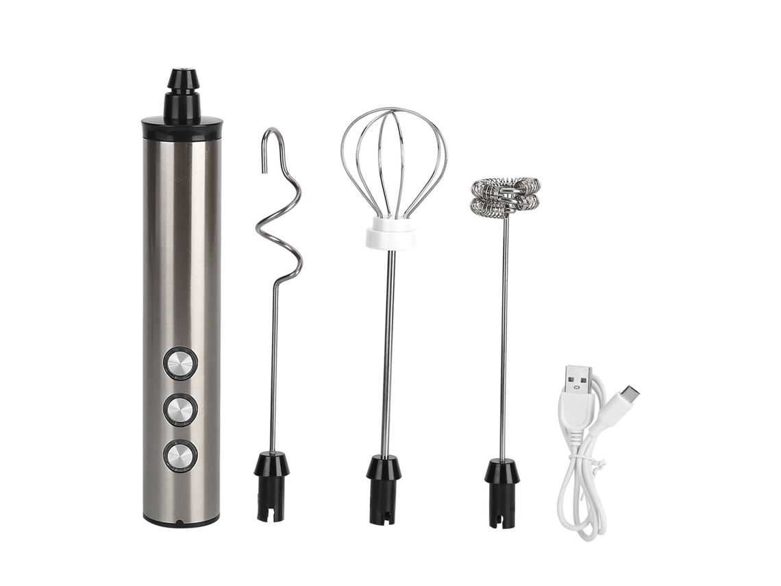 Frother de Leite Elétrico Portátil USB, 3 Velocidades, 3 Cabeças em Aço Inoxidável, Batedor de Ovos