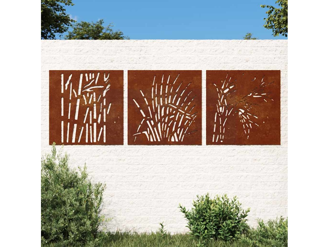Vidaxl Decorações P/ Muro Jardim 3pcs 105x55cm Aço Corten Design Relva