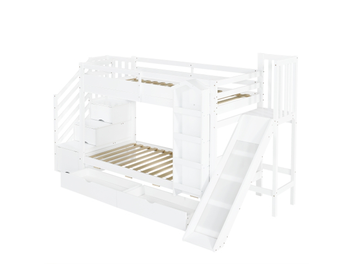 Beliche Infantil Com Estante Para Livros Ilustrados, Duas Gavetas Com Rodízios, Escorregador Infantil E Armário Com Escada.com Dimensões De 90x200cm