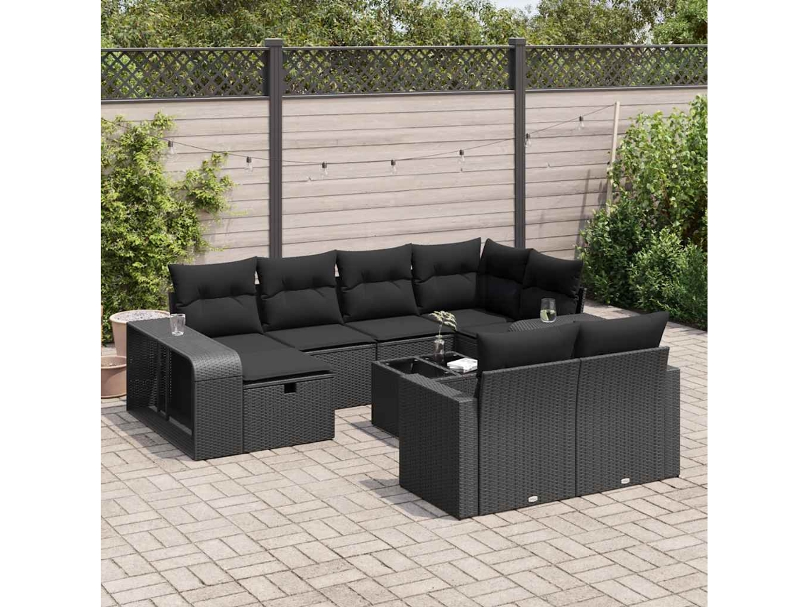Vidaxl 11 Pcs Conjunto Sofás De Jardim C/ Almofadões Vime Pe Preto
