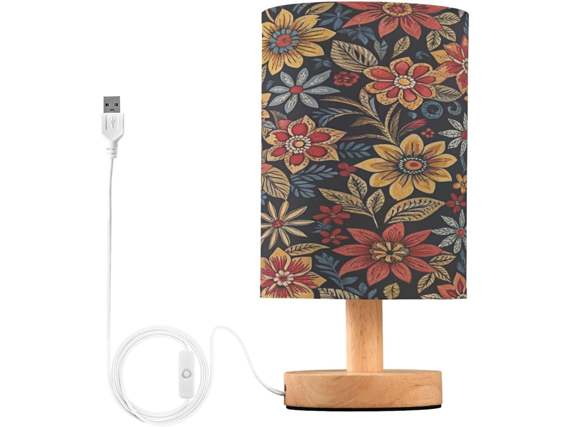 Abajur De Cabeceira Vintage Com Estampa Floral, Luminária De Cabeceira Led, Luminária De Leitura Com Portas Usb E Cúpula