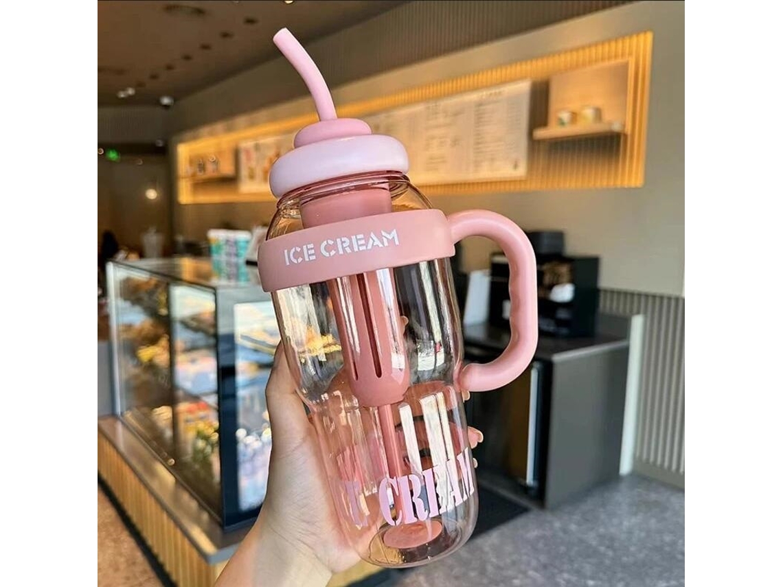 Copo De Plástico Rosa De Verão Com Fita Da Sorte E Canudo, Estilo Desenho Animado Fofo.