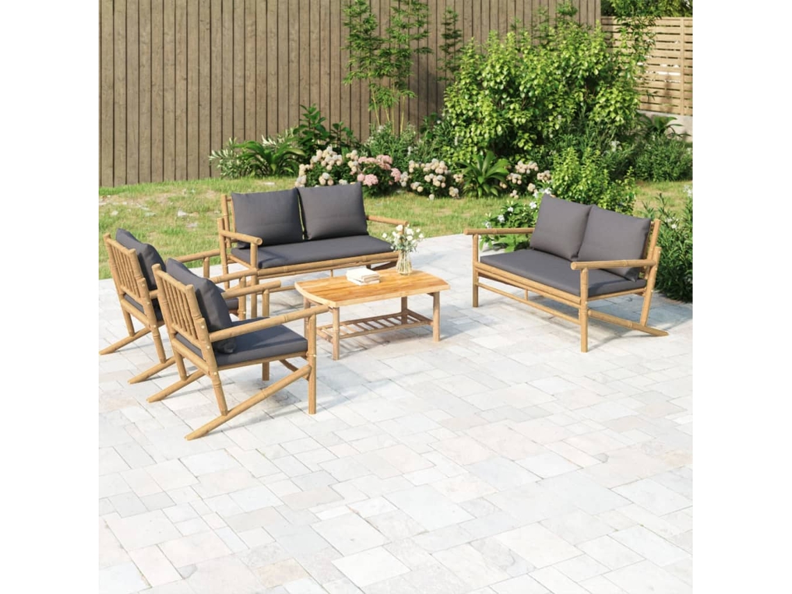 Vidaxl 5 Pcs Conjunto Lounge Jardim Bambu C/ Almofadões Cinza-escuro