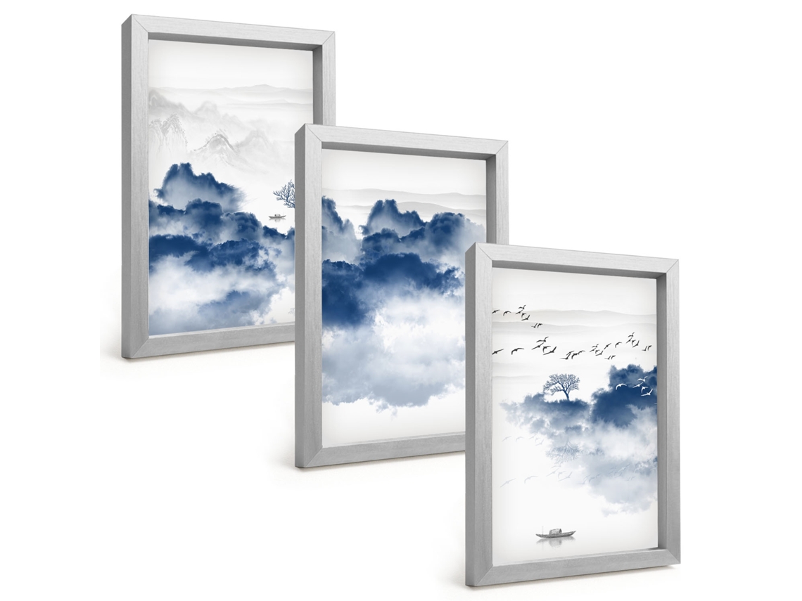 Composição De Quadros Na Paredemontanhas Nuvens Árvores Pássaros Moldura Prateada Quadros Para A Sala De Estar Espelharte (3 Peças 20x30 Cm)