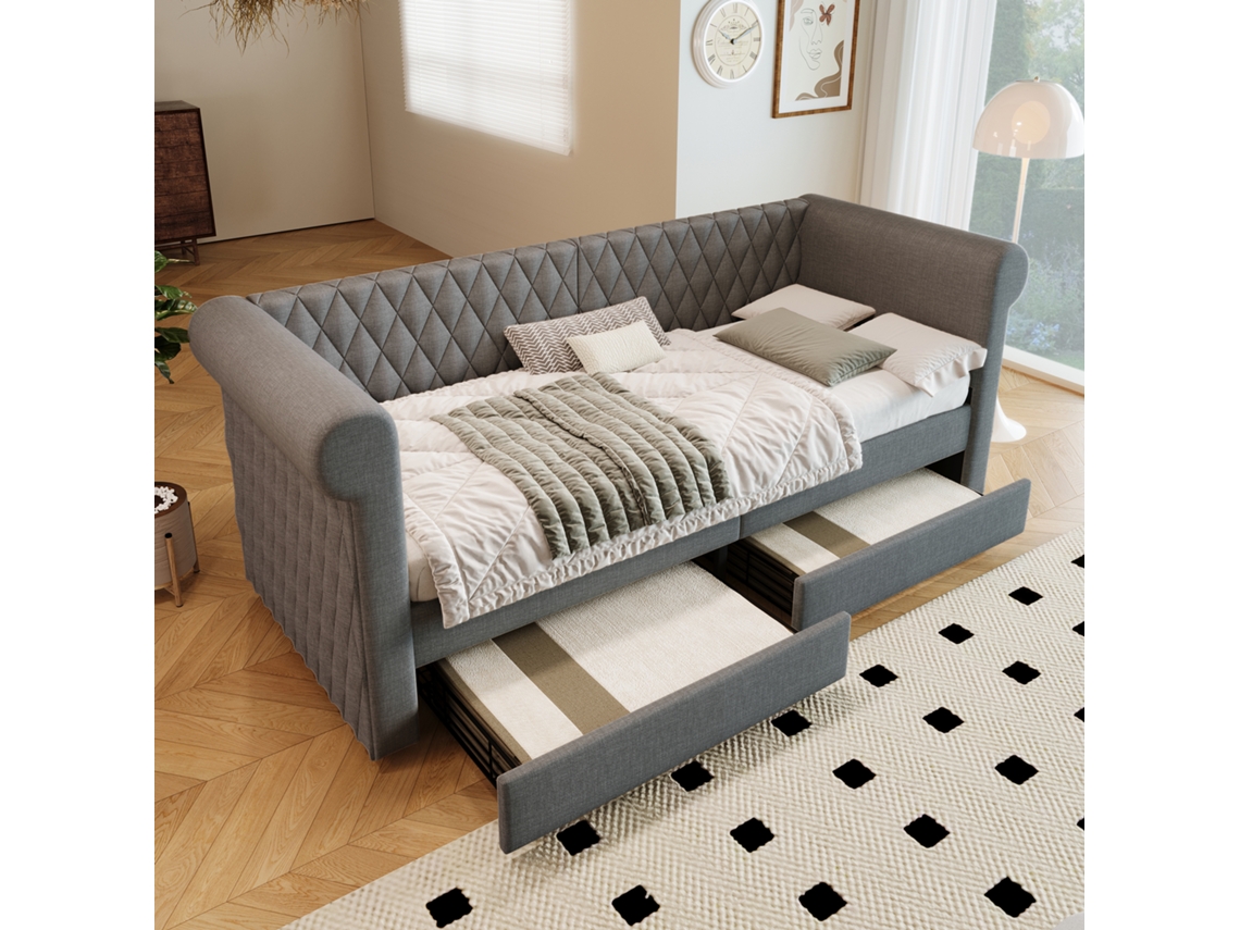 Sofá Cama Vintage 90x200 Cm Com 2 Gavetas Armazenamento Cinza