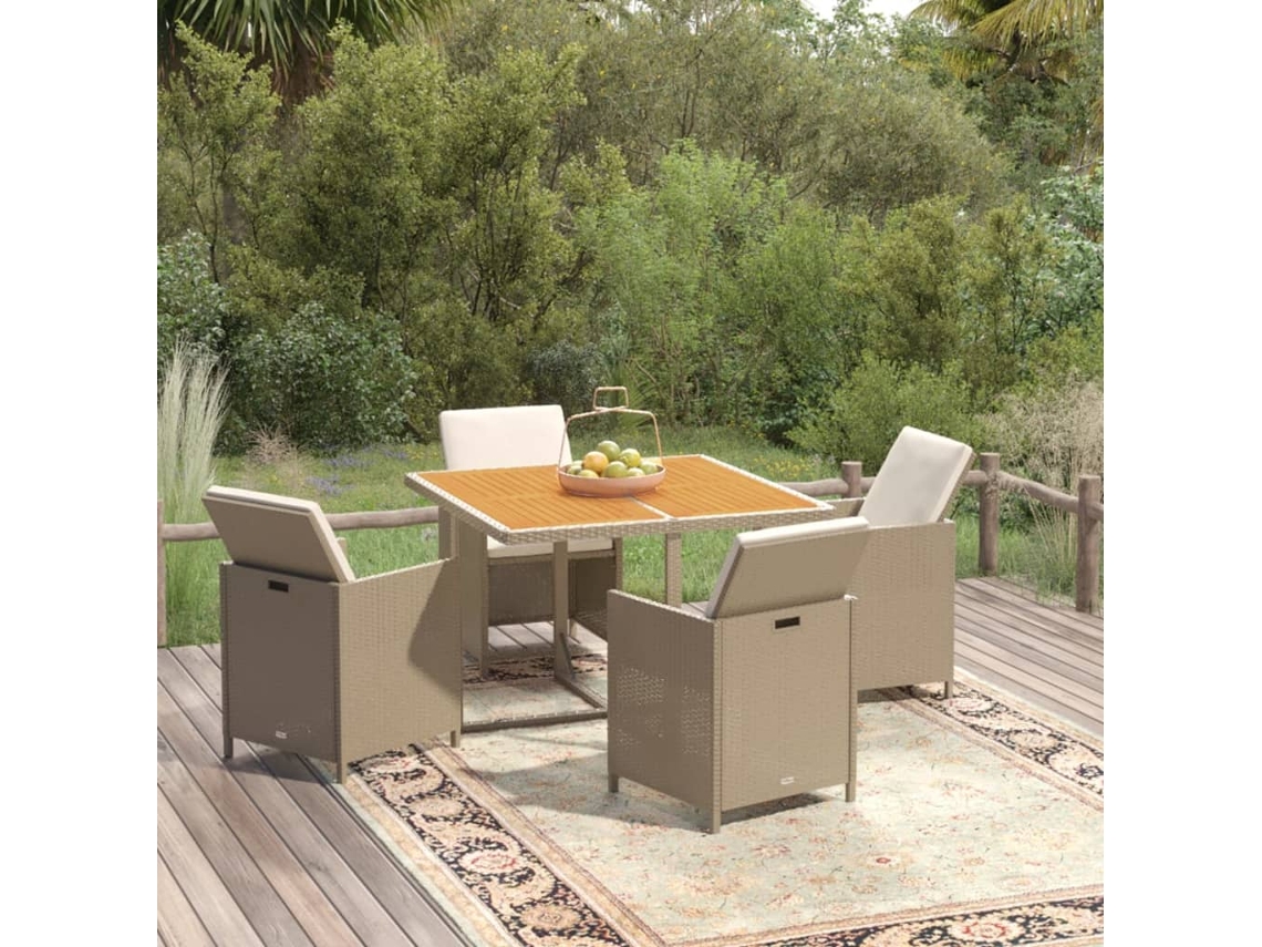 Vidaxl 5 Pcs Conjunto Jantar P/ Jardim C/ Almofadões Vime Pe Bege