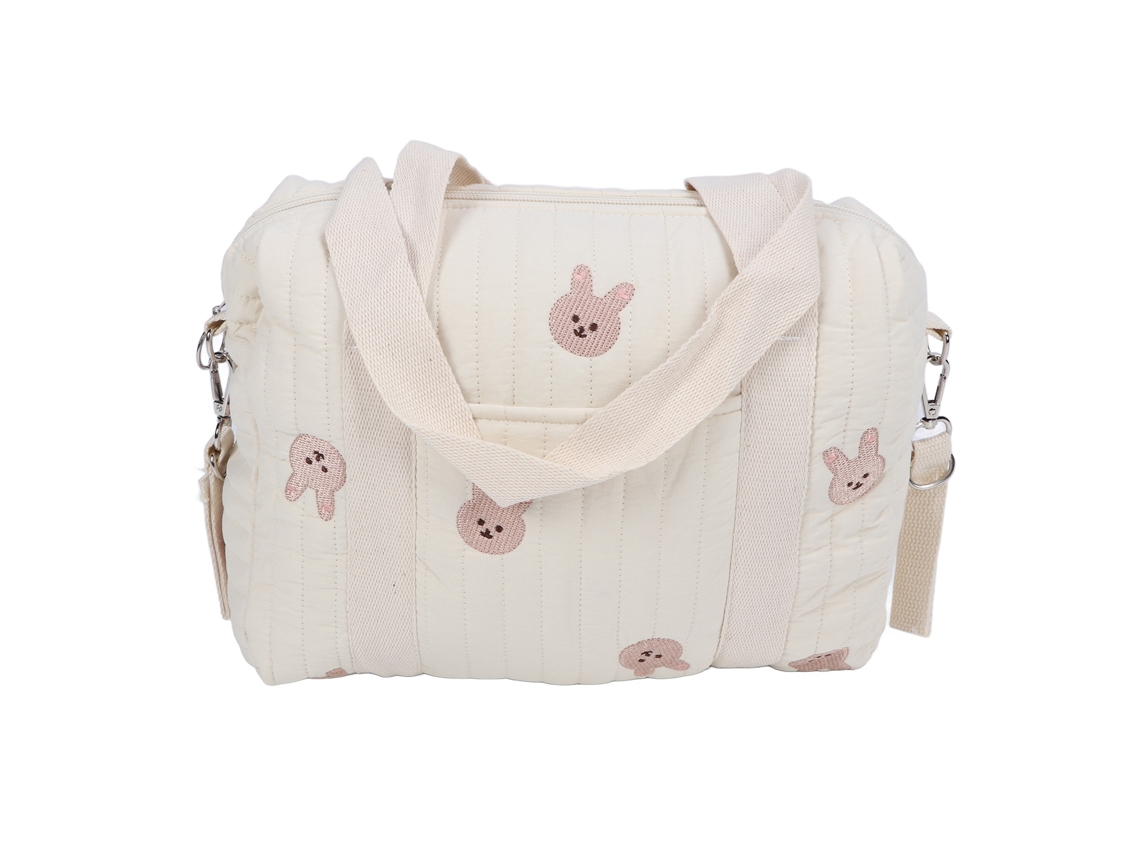 Bolsa multifuncional reutilizável para carrinho de bebê com zíper e bordado de coelho.