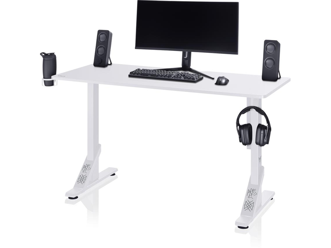 Mesa Gaming 136x60cm Branca (Altura Ajustável, Gestão de Cabos, Acessórios)