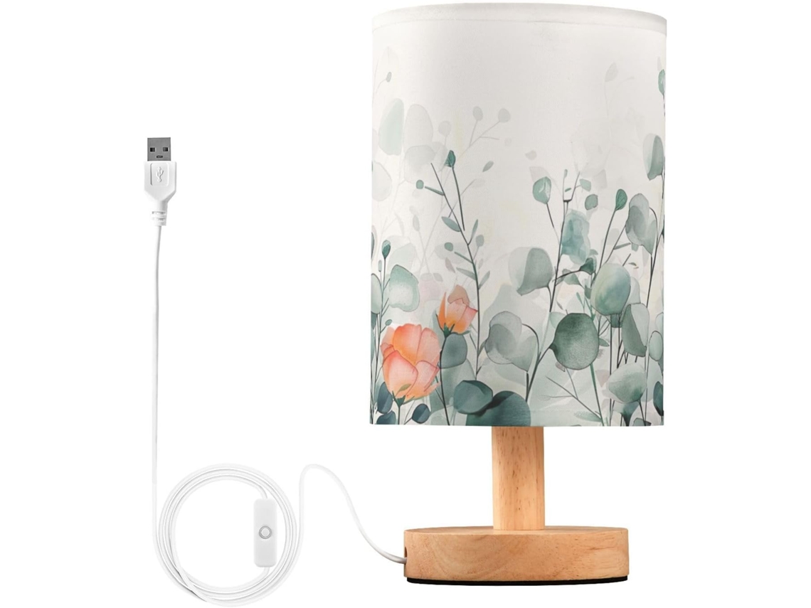 Abajur De Cabeceira Com Estampa Folhas E Flores Para Quarto, Portas De Carregamento Usb C, Luminária De Mesa Cabeceira