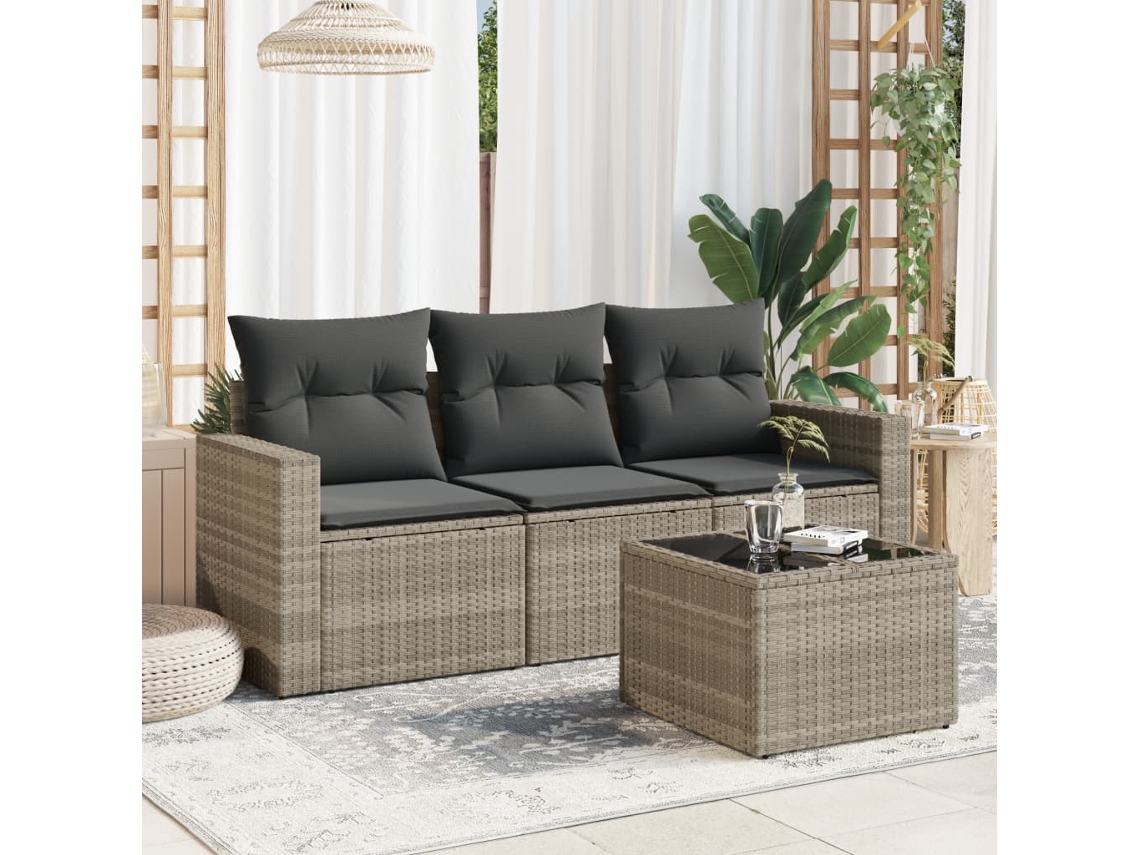 Vidaxl 4 Pcs Conj. Sofás Jardim C/ Almofadões Vime Pe Cinzento-claro