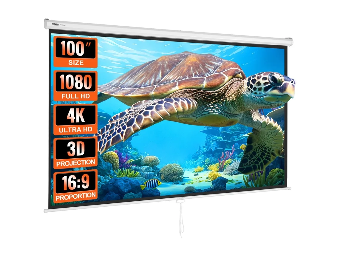 Tela Do Projetor Pull Down Manual VEVOR Diagonal de 100 Polegadas 16:9 4K 1080 Hd Retrátil Superfície de Pvc Sem Rugas