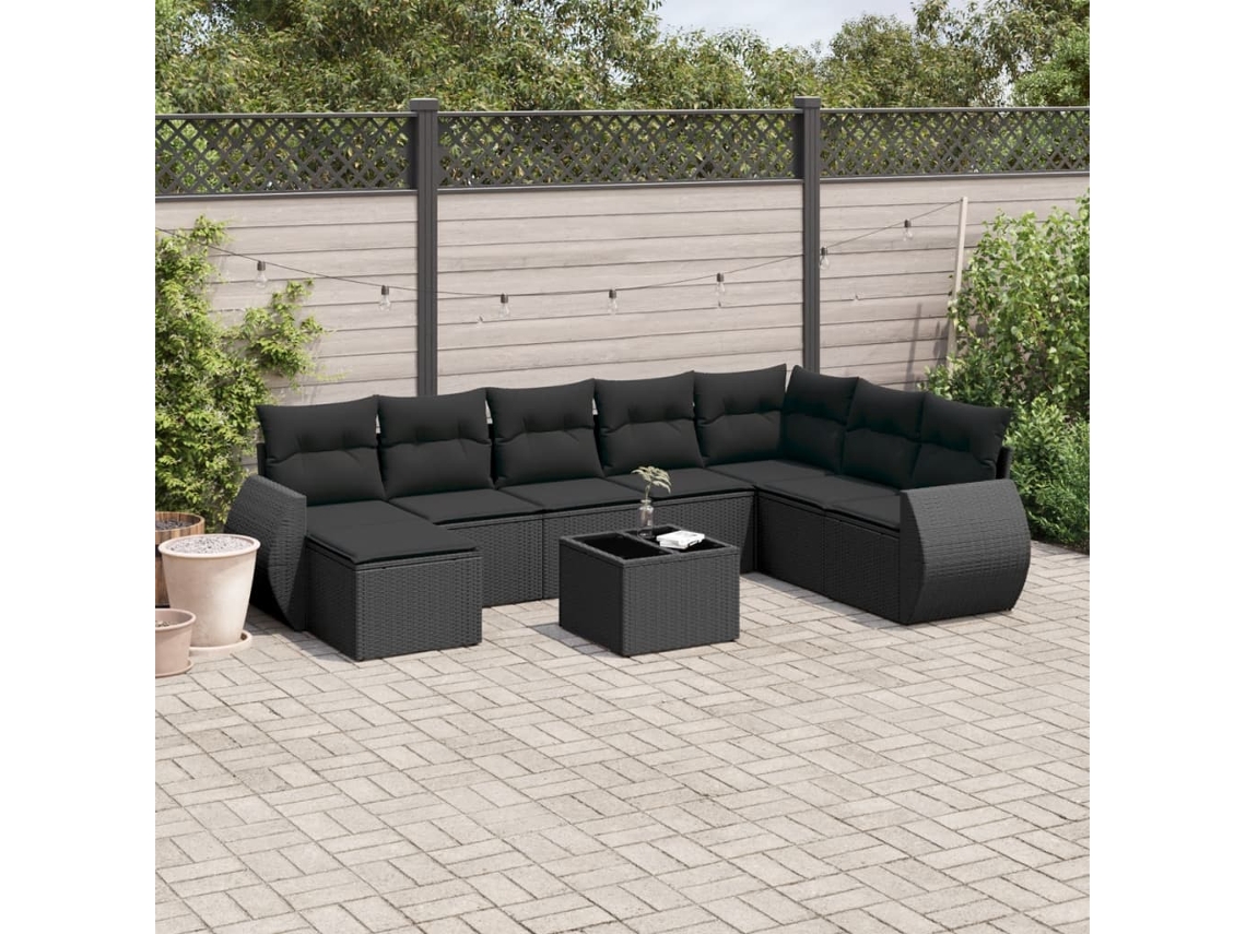 Vidaxl 9 Pcs Conjunto de Sofás P/ Jardim C/ Almofadões Vime Pe Preto