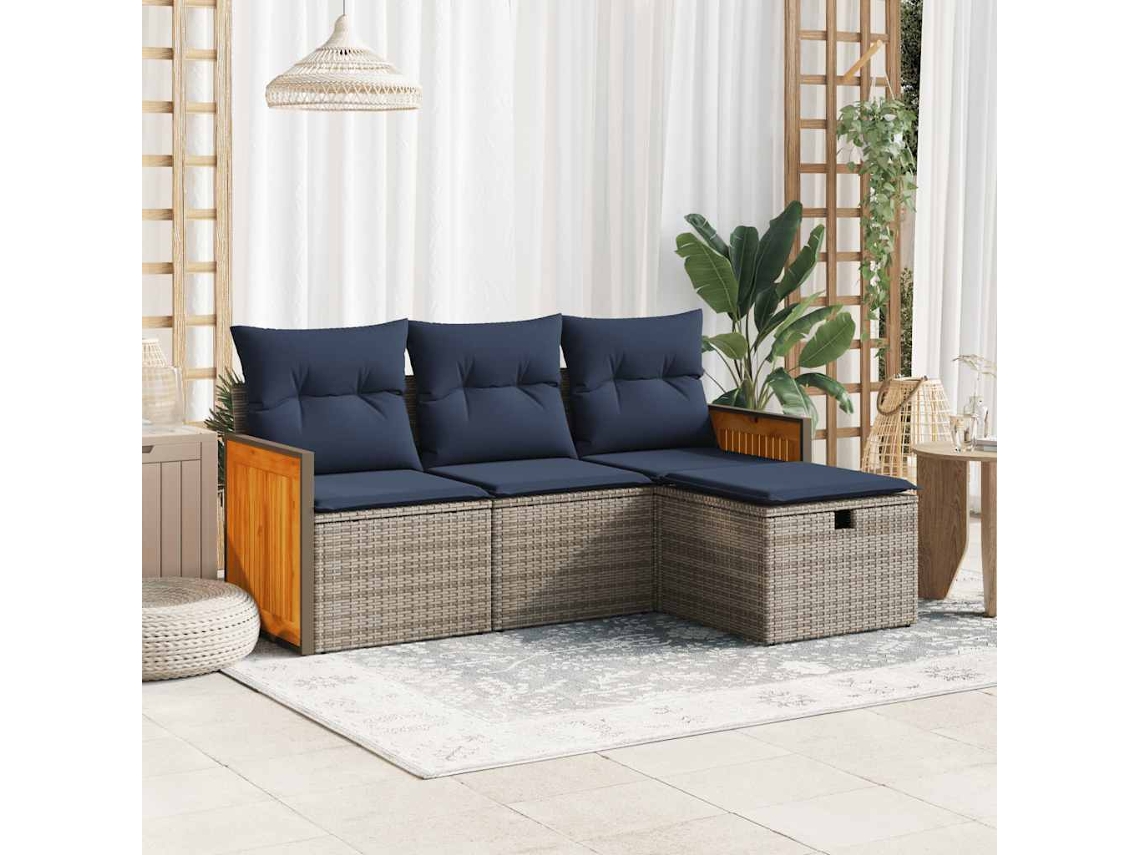 Vidaxl 4 Pcs Conjunto Sofás De Jardim C/ Almofadões Vime Pe Cinzento