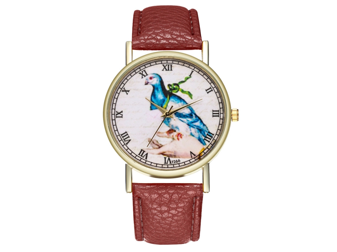 Relógio feminino de quartzo com pulseira de couro e design clássico de pássaro mensageiro (marrom)