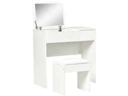 Mesa de Maquiagem com Espelho Rebatível, penteadeira moderna com 4 gavetas e Banqueta MDF branco 80x40x79 cm BTFORUS