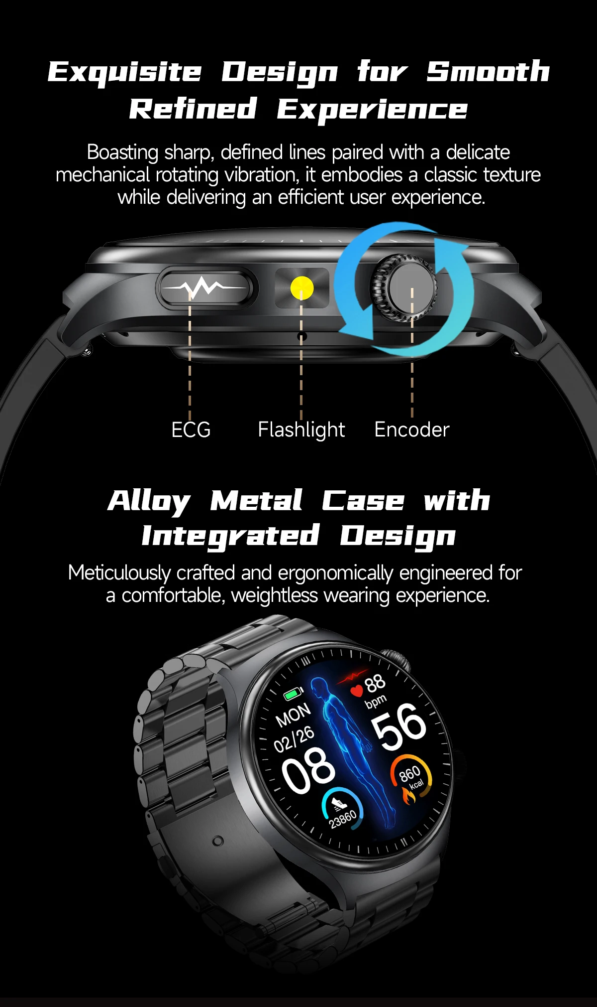 Smartwatch MDUG com tela Amoled de 1,43 polegadas, chamadas Bluetooth, aço preto | MDUG