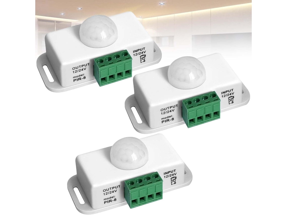 Conjunto de 3 detectores de movimento infravermelho PIR, interruptores automáticos infravermelhos 12V/24V DC, detectores de movimento para exterior.