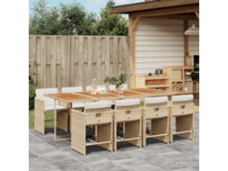 Vidaxl 9 Pcs Conjunto De Jantar P/ Jardim Com Almofadões Vime Pe Bege
