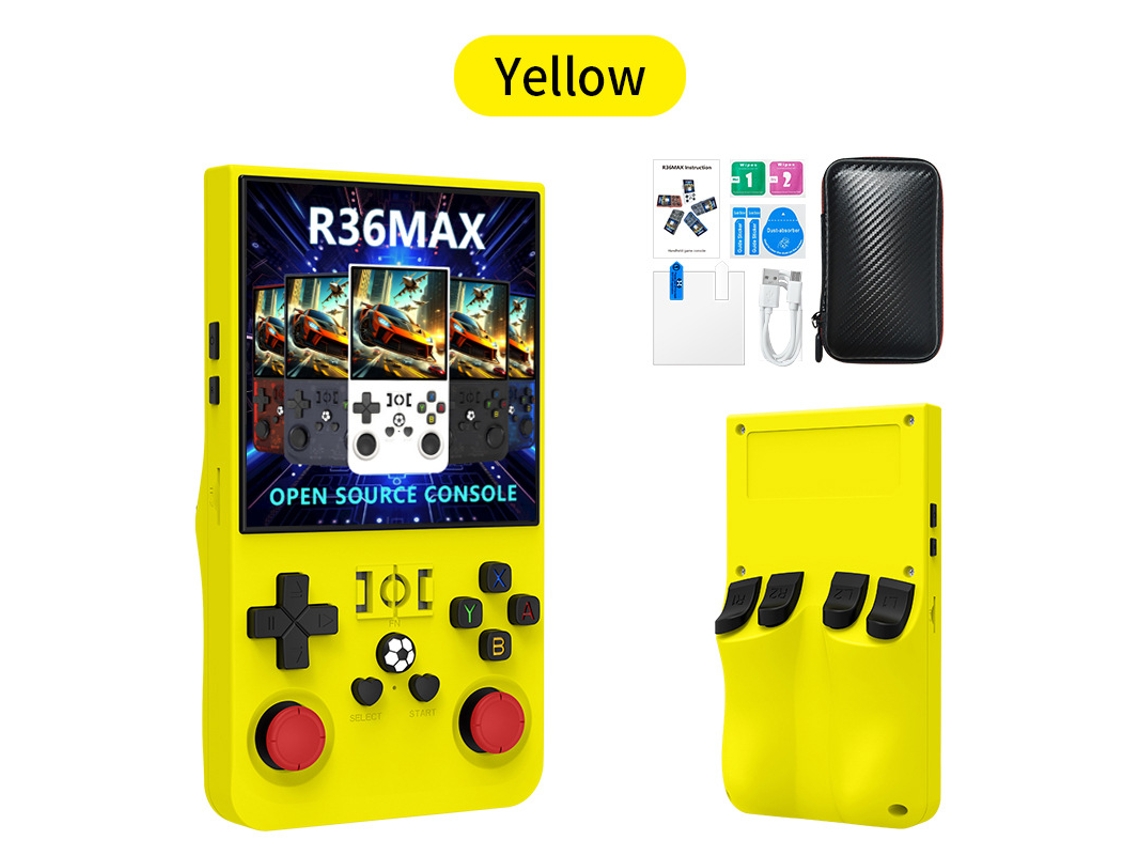 Console Retrô R36max Com 18.000 Jogos Hd, Tela Ips 4.0, Bateria 4000mah, 64gb De Memória, Design Portátil De Arcade, Na Cor Amarelo. Sfushos