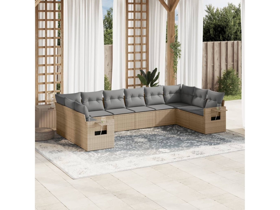 Conjunto de 10 Sofás para Jardim com Almofadas Vime Pe Bege Dkd Home Decor