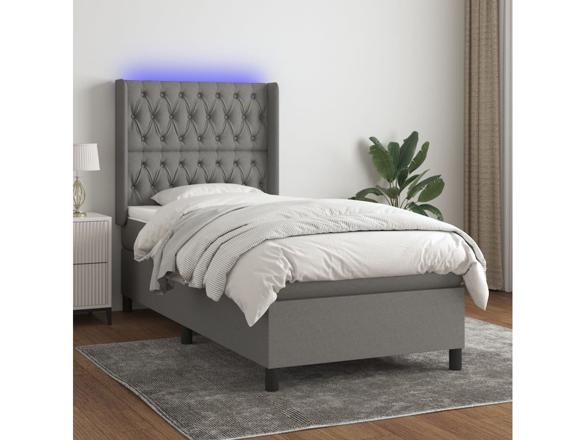 Vidaxl Cama Box Spring C/ Colchão E Led 90x190 Cm Tecido Cinza-escuro