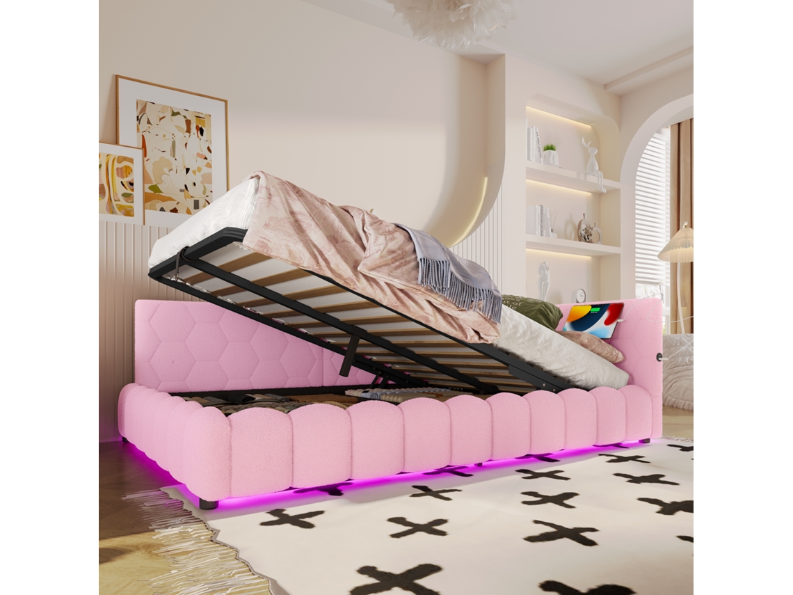 Sofá Cama Daybett 140x200cm Com Led Usb Vliesimitat Rosa