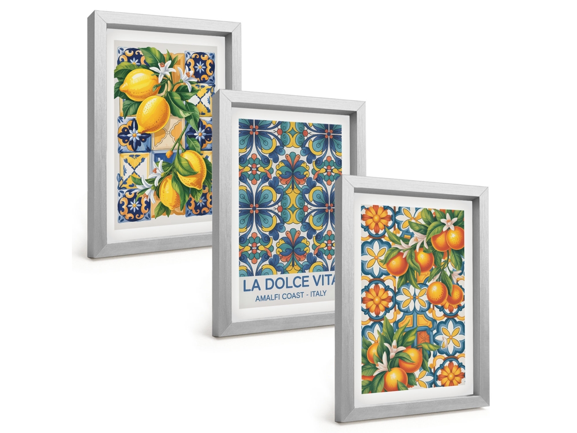 Composição De Quadros Limões, Flores, Laranjas, Padrões Espelharte (3 Peças 20x30 Cm)