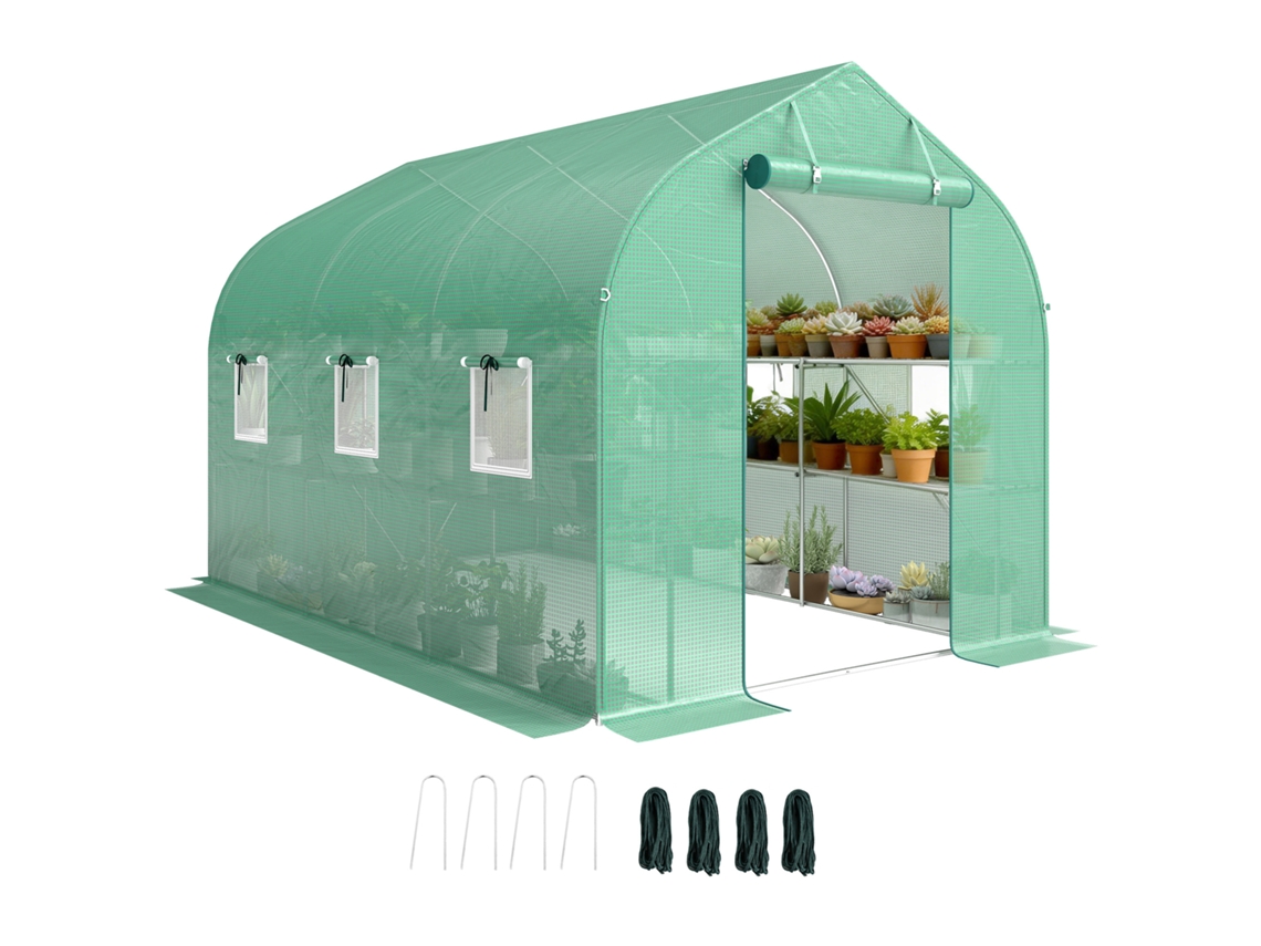 Estufa Túnel De Jardim 6 M² Com Prateleiras, Porta E 6 Janelas Em Aço Galvanizado, Verde