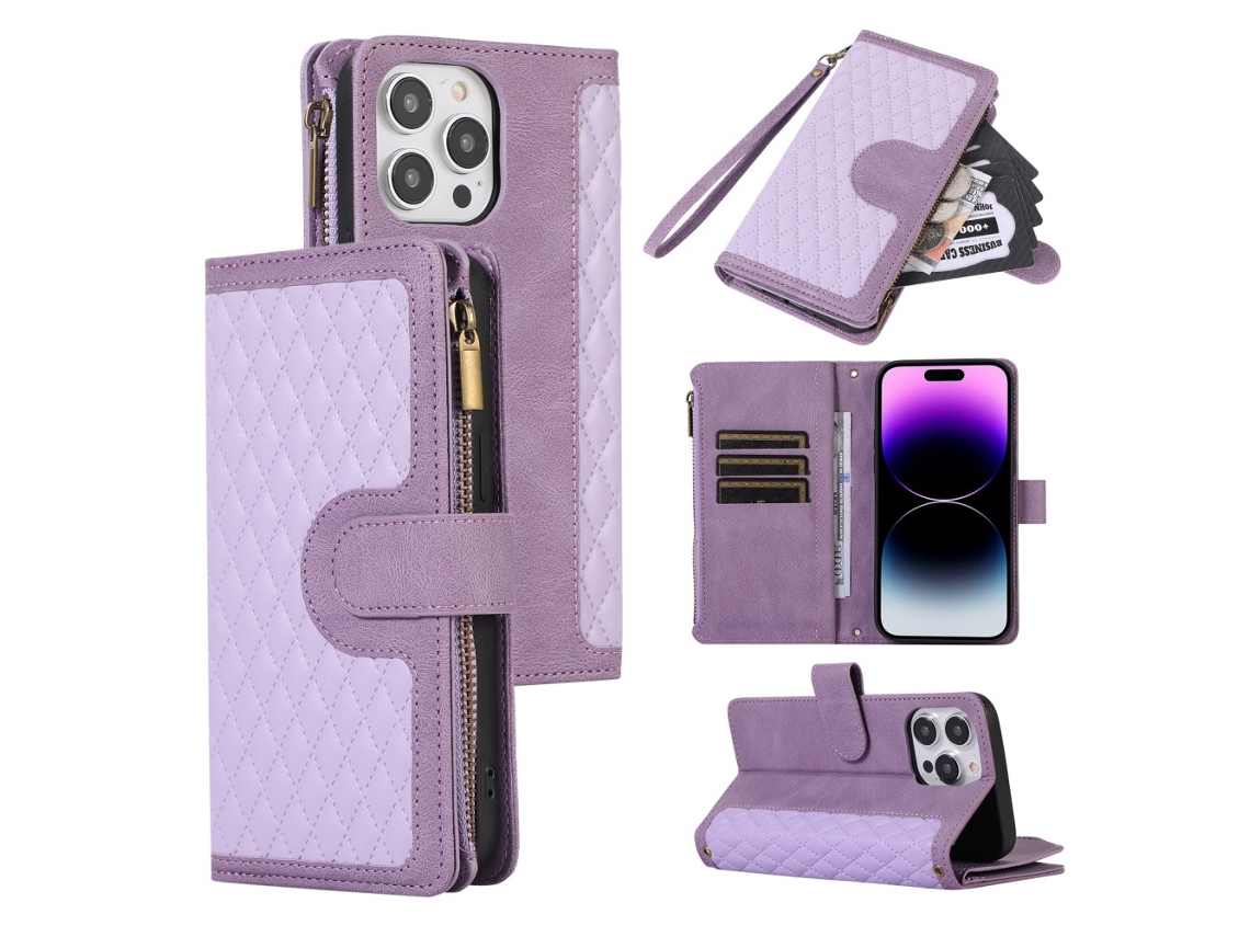 Capa Pega Para Iphone 15 Pro Pele Sintética Com Porta-cartões Roxo