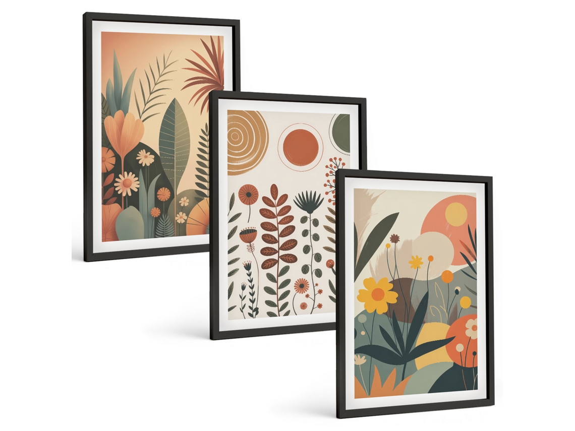 Galeria De Pinturas Murais Padrões Florais Boho Da Natureza Moldura Preta Quadros Para O Escritório Espelharte (3 Piezas De 40x60 Cm)