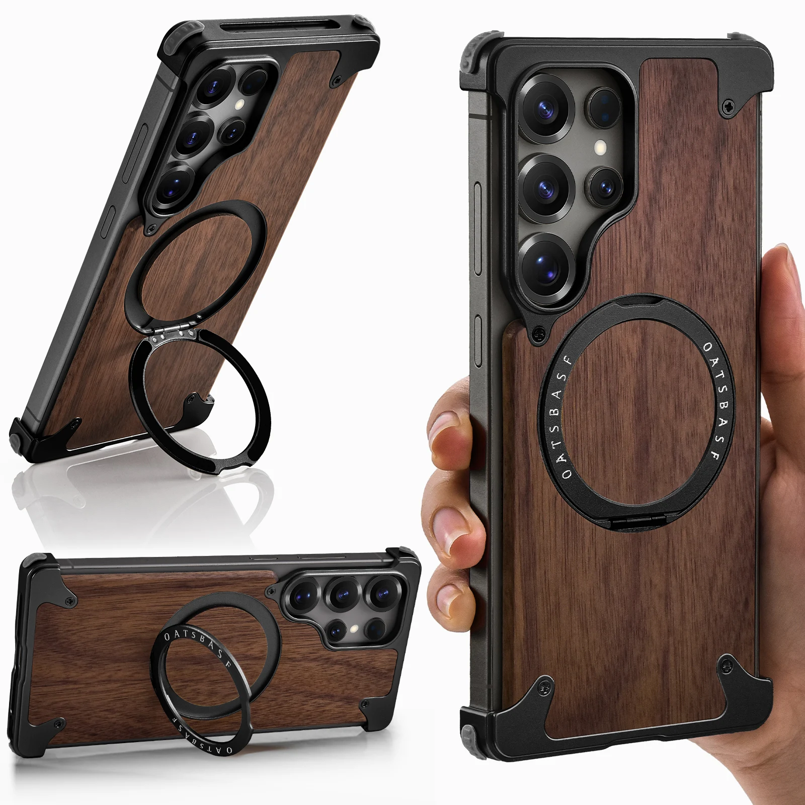 Capa Magnética De Madeira Para Celular (galaxy S25 Ultra, Preta) Com Suporte Giratório De 360°