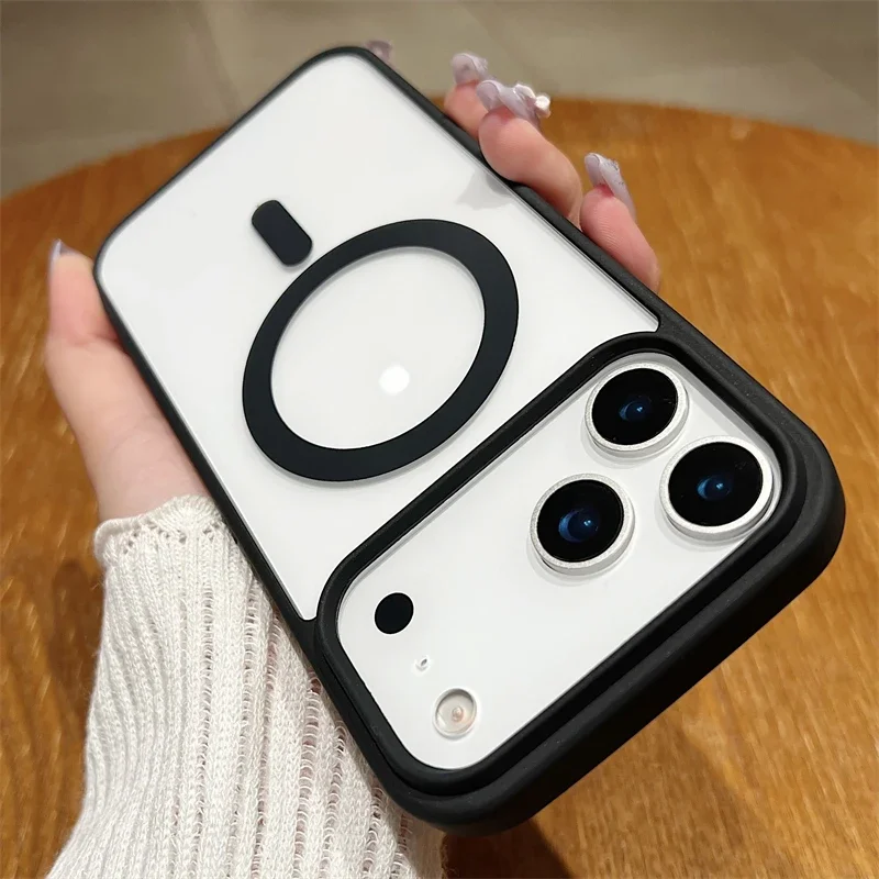 Capa Protetora Magsafe Para Carregamento Sem Fio Magnético (iphone 17 Pro Max, Preta), Com Parte Traseira Rígida Transparente.