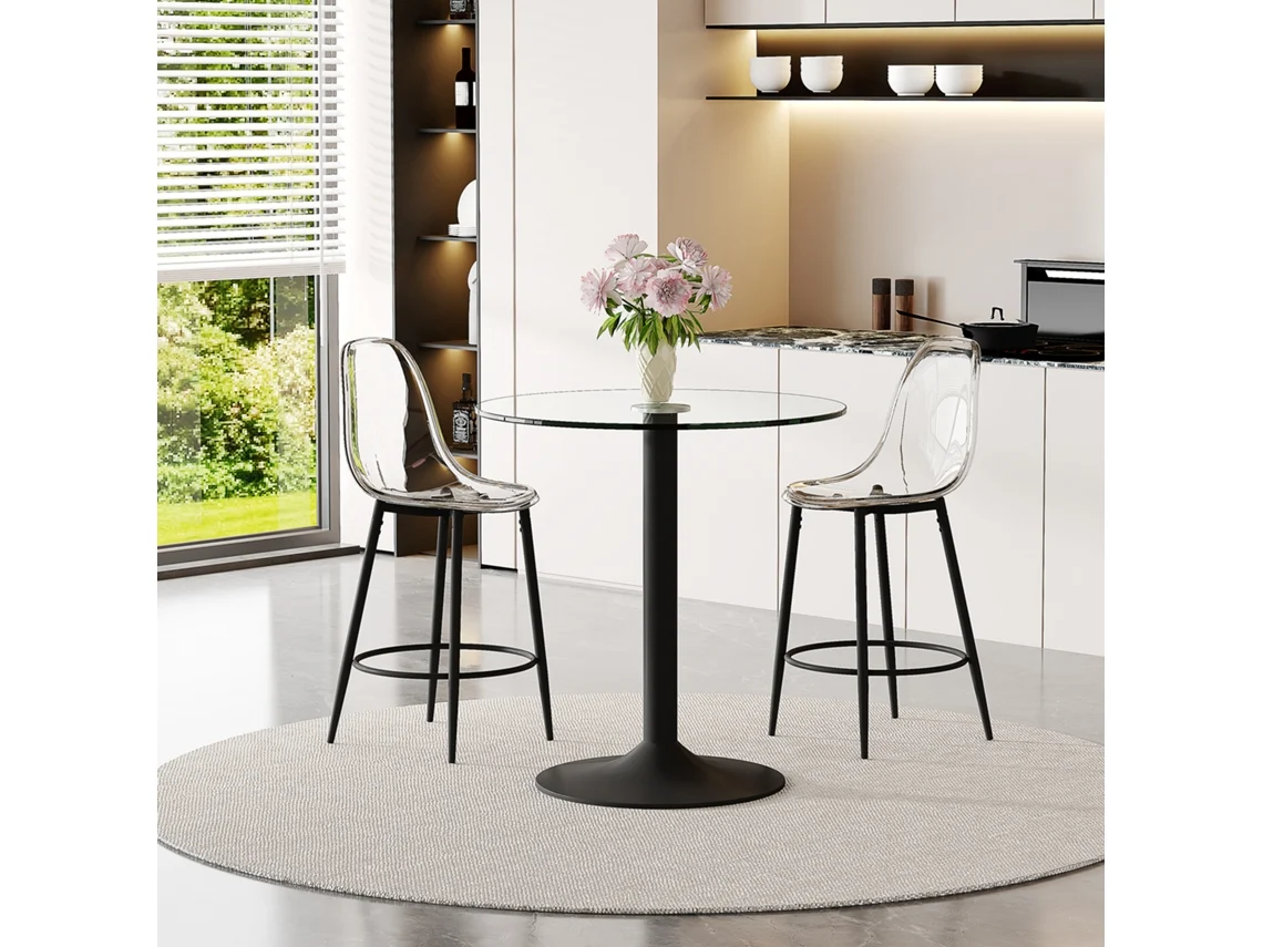 Conjunto Bar Mesa Vidro 89cm 2 Banquetas Flutuante Metal Preto