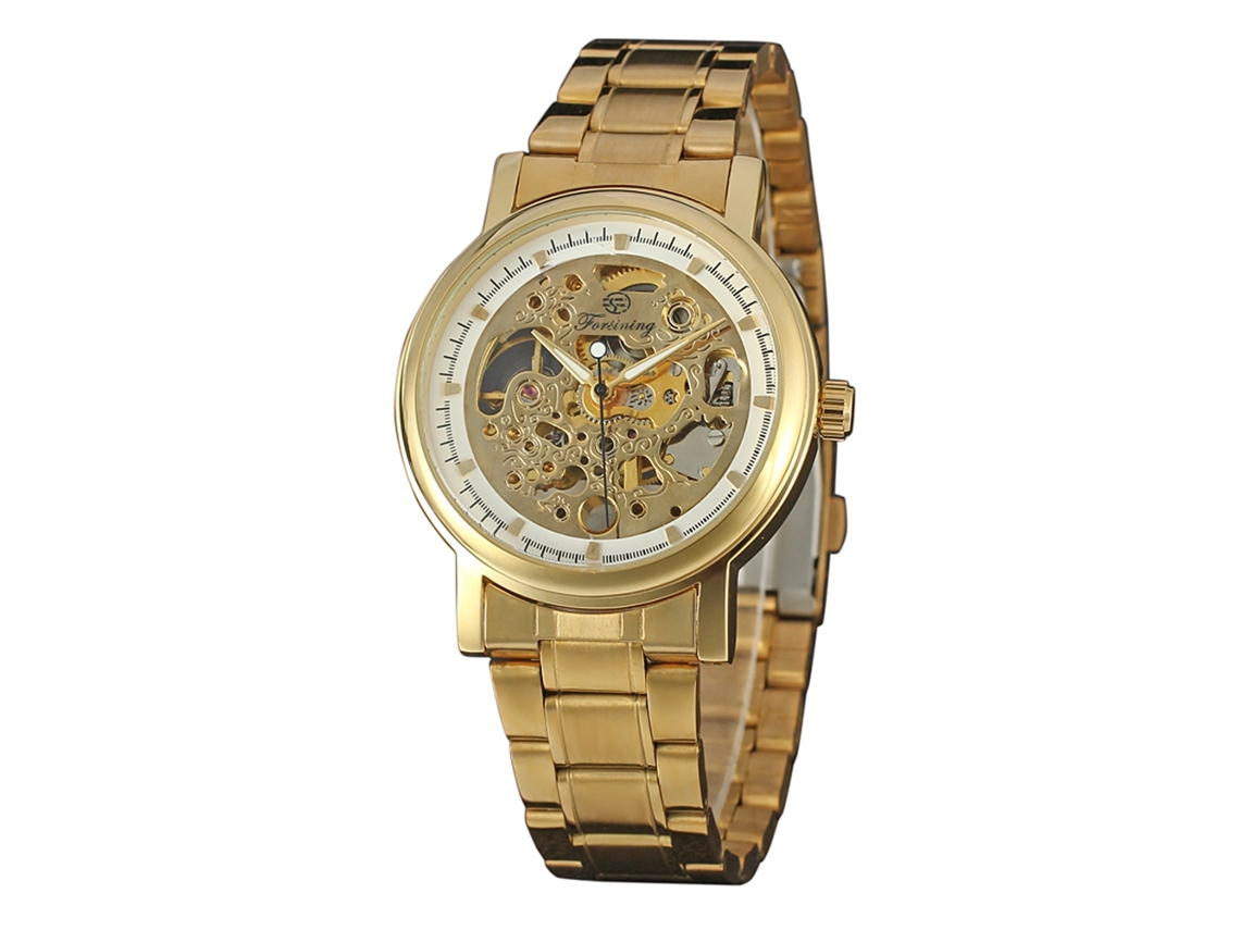 Relógio masculino Forsining com pulseira vazada em aço inoxidável e acabamento em ouro branco.