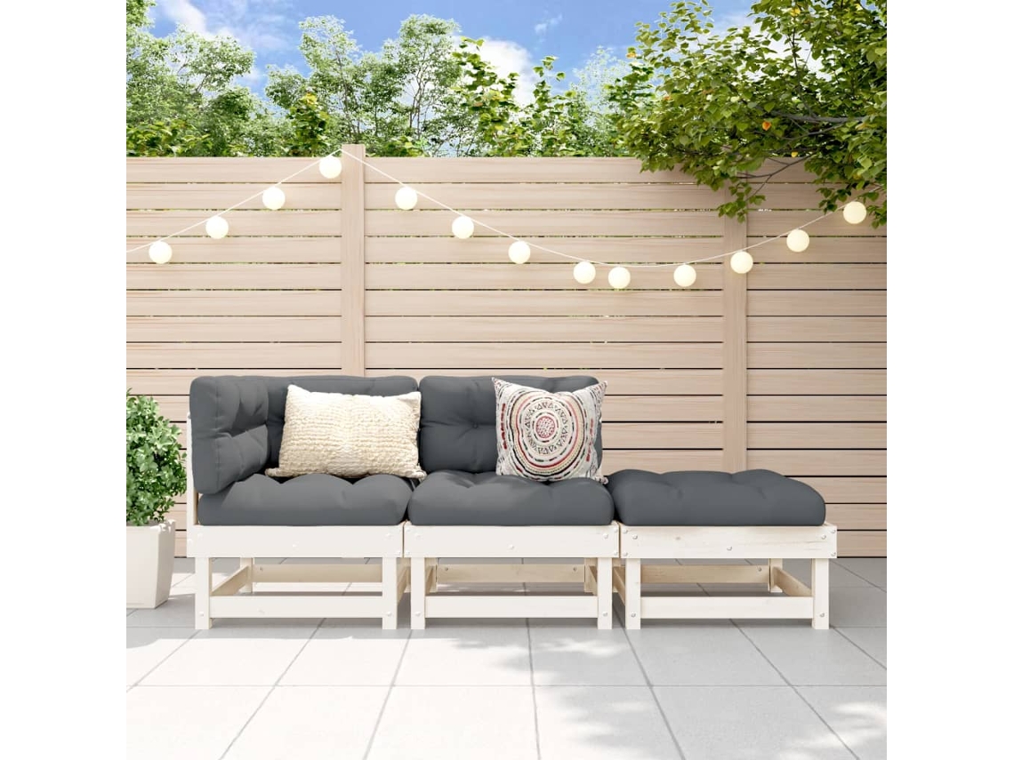 Vidaxl 3 Pcs Conjunto Lounge De Jardim Madeira De Pinho Maciça Branco