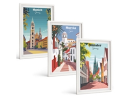 Conjunto De Pinturas Desenhos Coloridos De Cidades Europeias Moldura Branca Quadros Para O Escritório Espelharte (3 Piezas De 40x60 Cm)