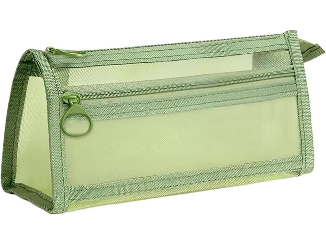 Estojo de mesa em tela metálica com alça e zíper, bolsa transparente e charmosa para artigos de papelaria.