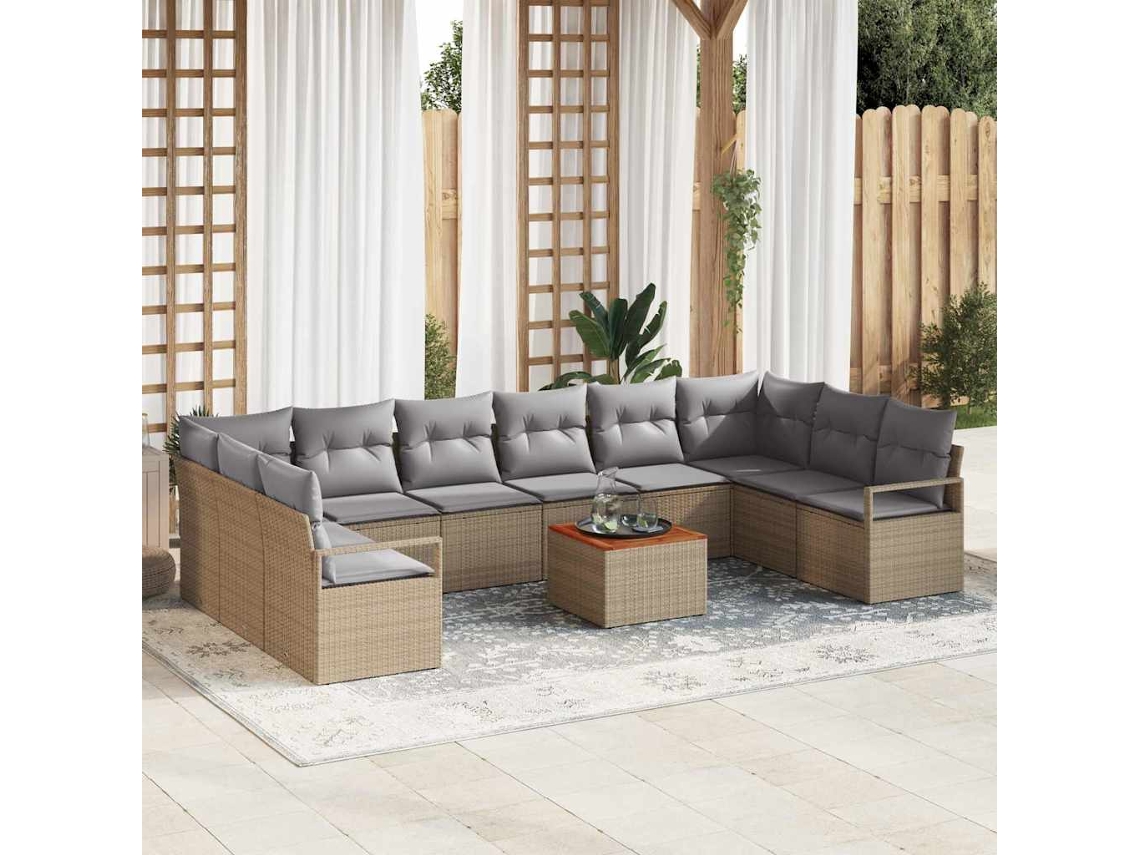 Vidaxl Conjunto De Sofá De Jardim Com Almofada 11 Pcs Bege Vime Pe