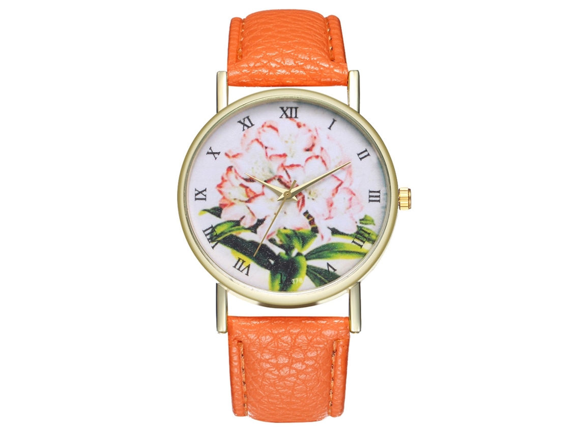 Reloj De Pulsera De Cuero Con Patrón De Plantas Moda Cuarzo Para Hombre Y Mujer Naranja
