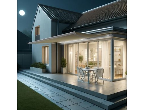 Toldo Coffre Hevoa Branco 6,00x3,50 Motorizado com socorro telecomando e LED - Tela Bege
