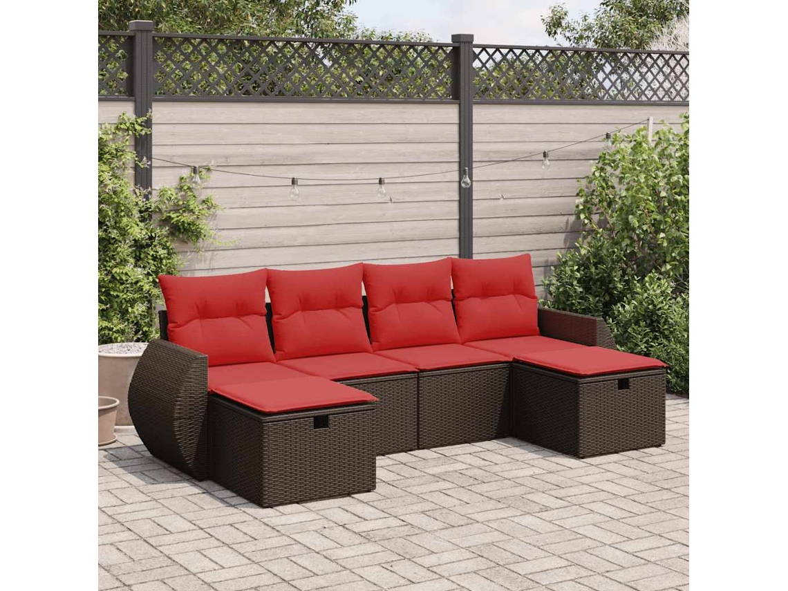 Vidaxl 6 Pcs Conjunto De Sofás Jardim C/ Almofadões Vime Pe Castanho