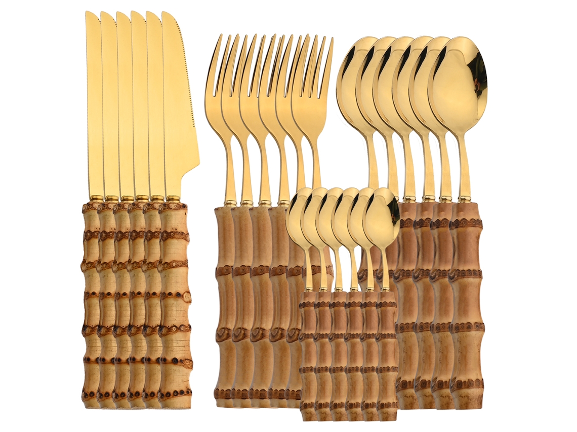 Conjunto de Jantar de Aço Inoxidável Espelhado , com Faca, Garfo e Colher com Cabo de Bambu. MDUG (24 Peças, Dourado)