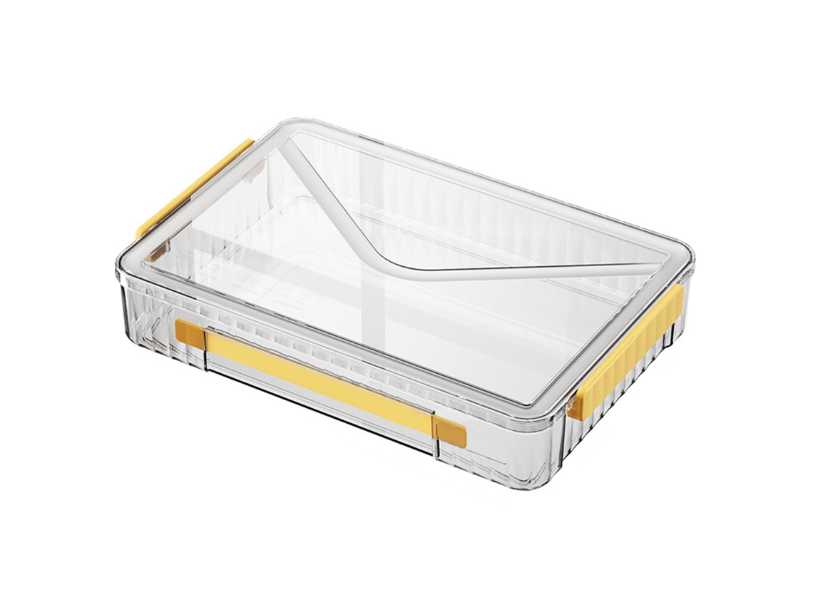 Caixa organizadora para certificados com alça transparente de grande capacidade na cor amarela, ideal para documentos e álbuns de recortes.