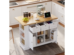 Mesa Cozinha Móvel 132cm, Country, Bancada Dobrável, Gaveta, Suportes, 5 Rodas, Tomada.-lb